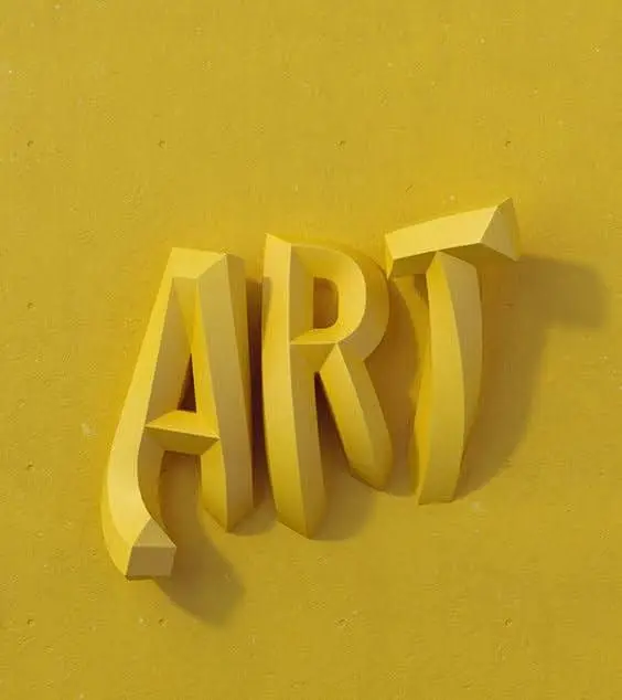 Mustard-yellow 3D papercraft typography — "ART"