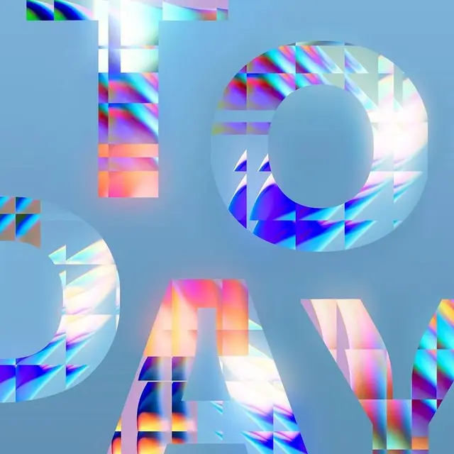 Holographic Mosaic Cut-Out Typography on Pale Blue Background