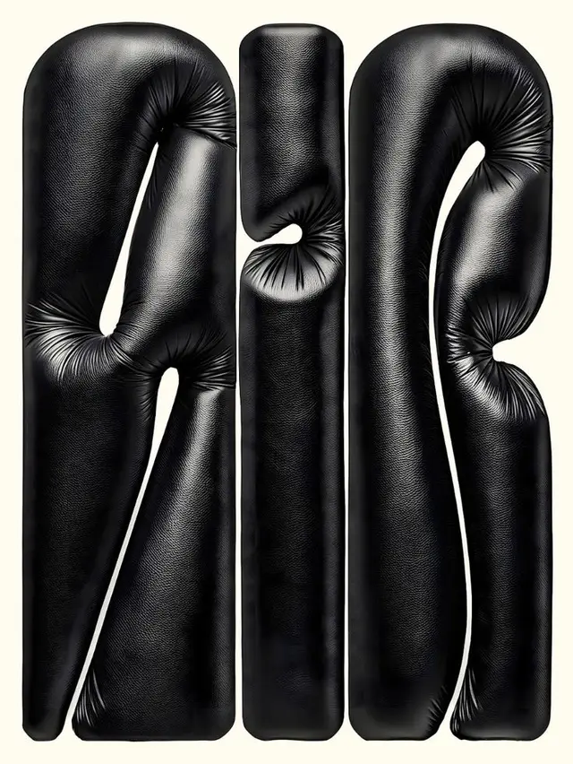 Photorealistic black leather inflatable typography reading "AIR" on cream background