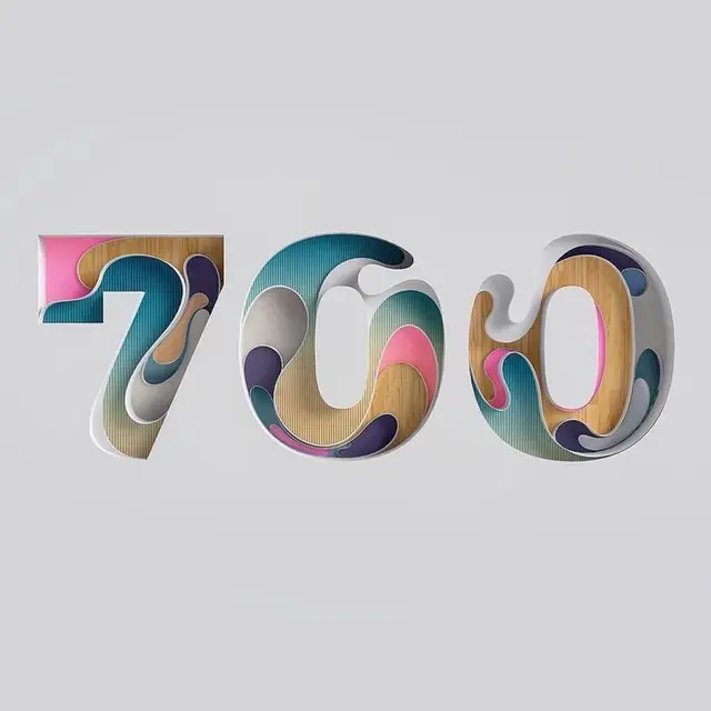 Layered paper-cut '70' typography with wood grain and pastel color swatches