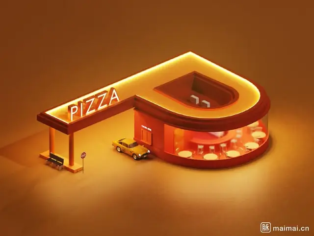 Neon P-shaped pizza diner — warm 3D isometric illustration