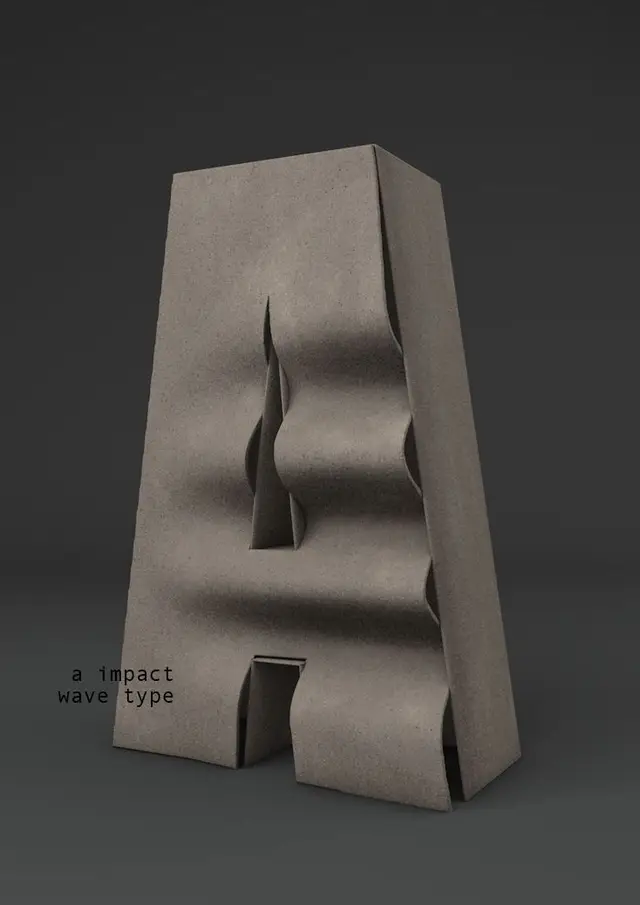 Concrete-textured sculptural letter A with wave impact cutouts