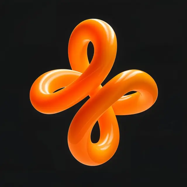 Glossy orange trefoil knot 3D render on black background