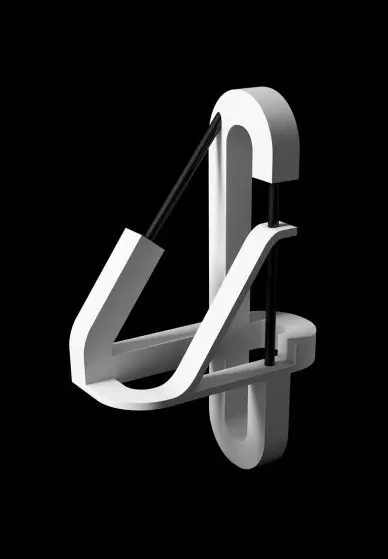 Monochrome 3D Sculptural Numeral 4 — Ribbon Form with Black Rods