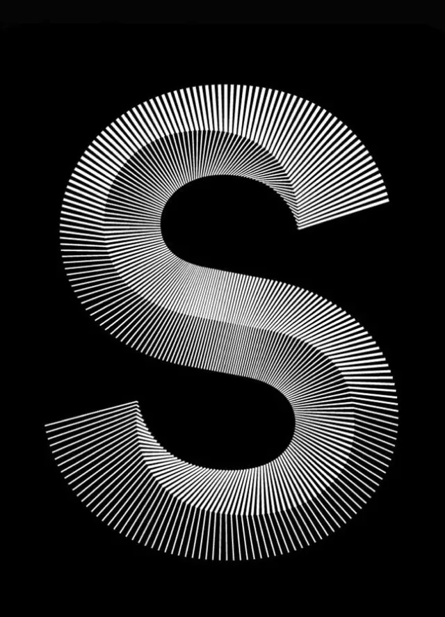 Radial-line Capital "S" — Black & White Op Art Letterform