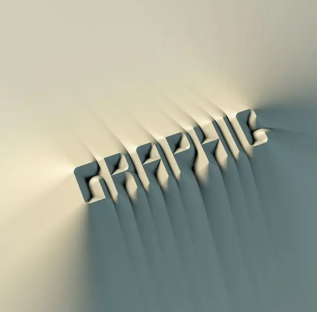 3D cut‑out 'GRAPHIC' letters in stretched matte sheet with long shadows