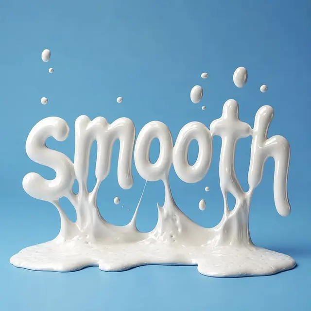 Glossy milk-lettering 'smooth' 3D render on pastel blue backdrop