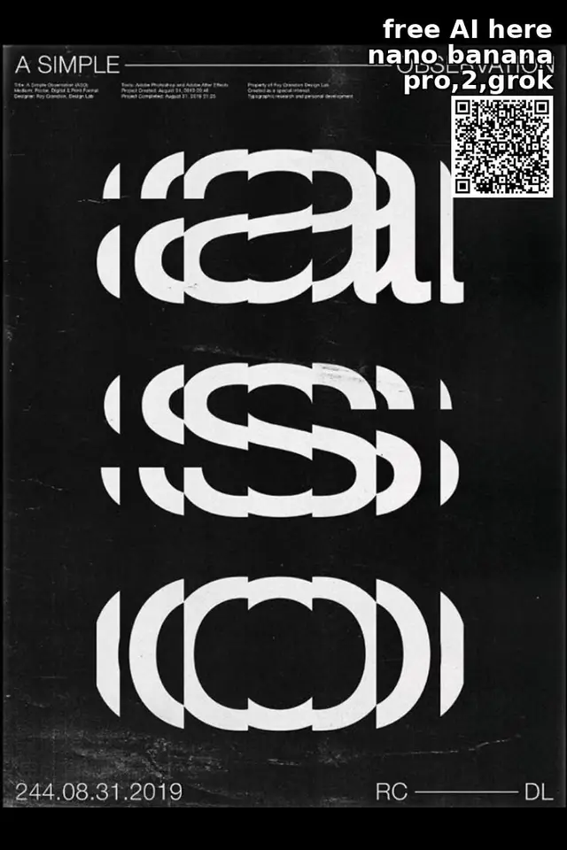 Monochrome poster with stacked sliced white rings and QR code