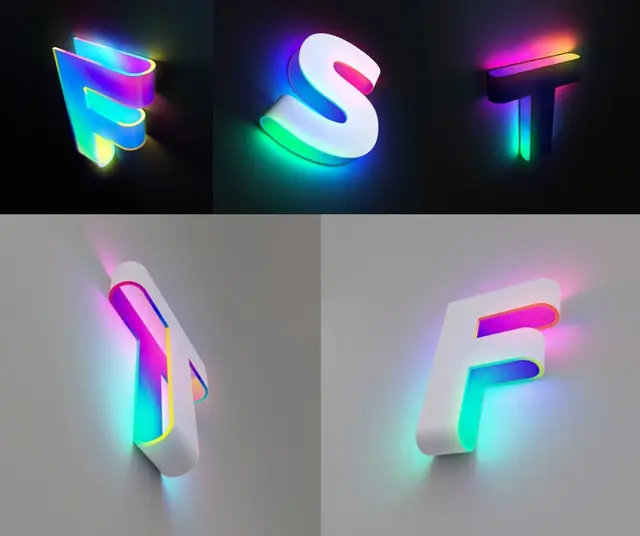 RGB Edge-Lit 3D Letterforms Mockup — F S T