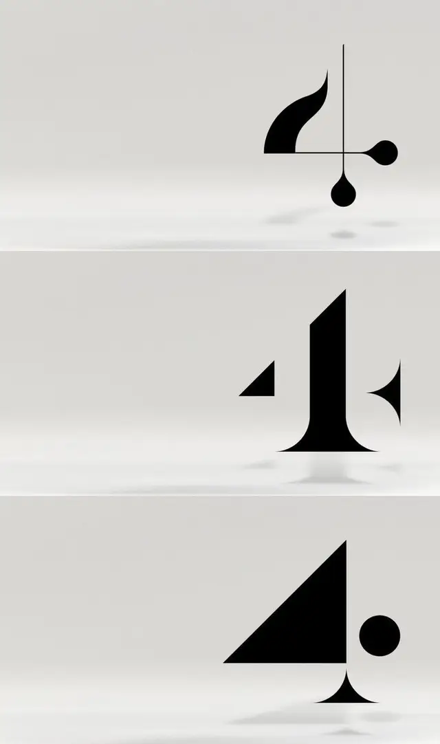 Three minimalist black '4' typographic studies on pale gray panels