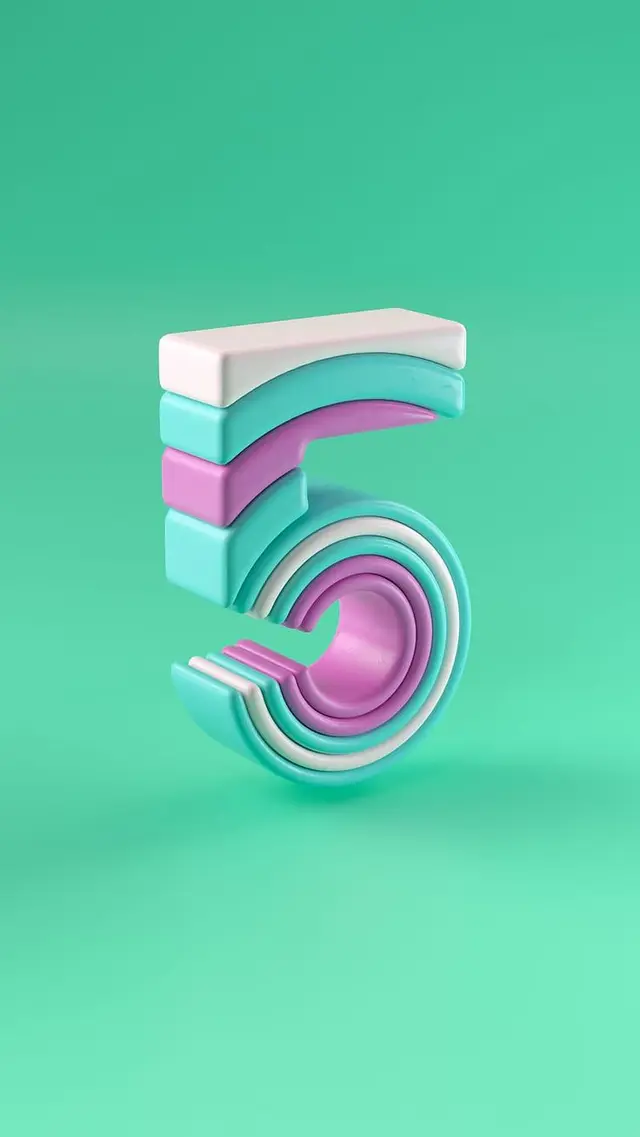 Pastel 3D Layered Numeral 5 — Mint, Teal & Lavender Gloss Render
