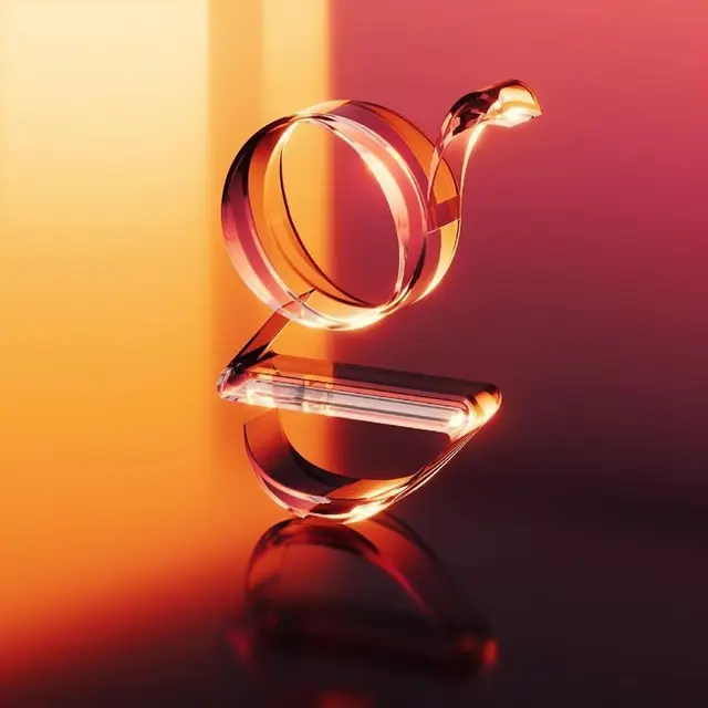 Clear Glass Typographic Sculpture (lowercase g) on Orange–Magenta Gradient