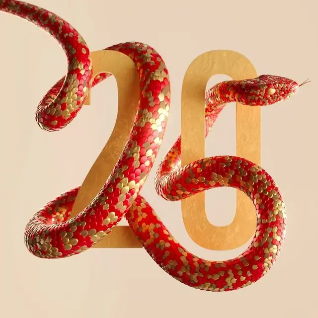Gold '25' with red-and-gold scaled snake — photorealistic 3D render
