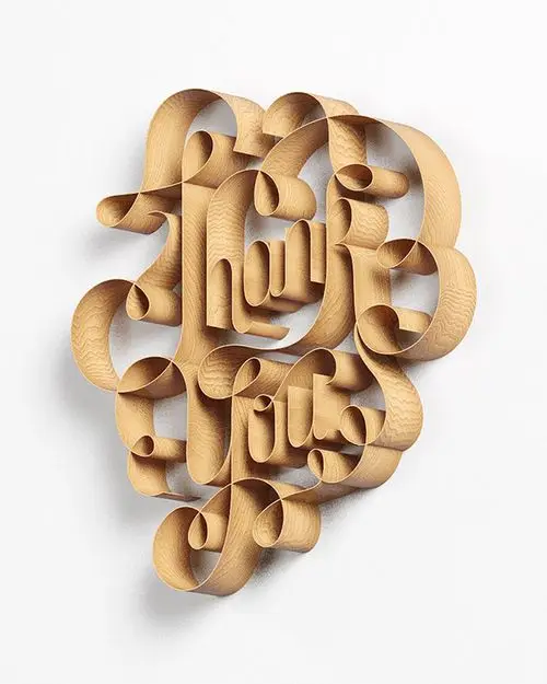 Wood-veneer Ribbon Typography Sculpture on White Wall