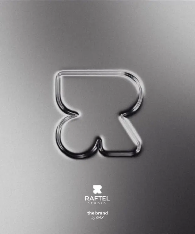Raftel Studio embossed R monogram on brushed silver background