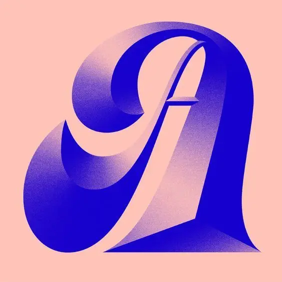 Cobalt-blue 3D ornamental letter A on peach background