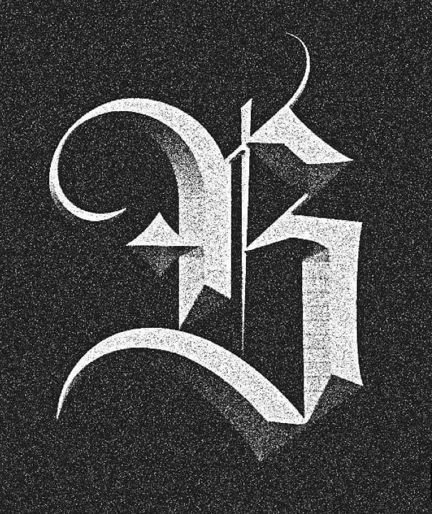 Distressed White Blackletter 'G' Monogram on Speckled Black Background