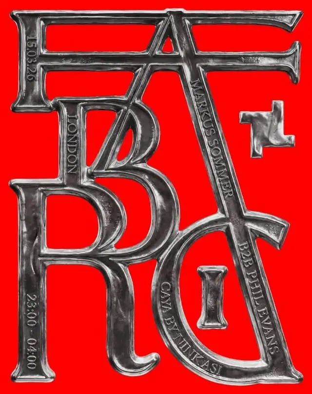 Chrome 'FABRIC' sculpted letterform poster with engraved DJ credits