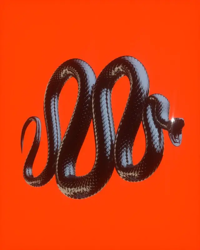 Glossy black snake 3D render on vivid orange background