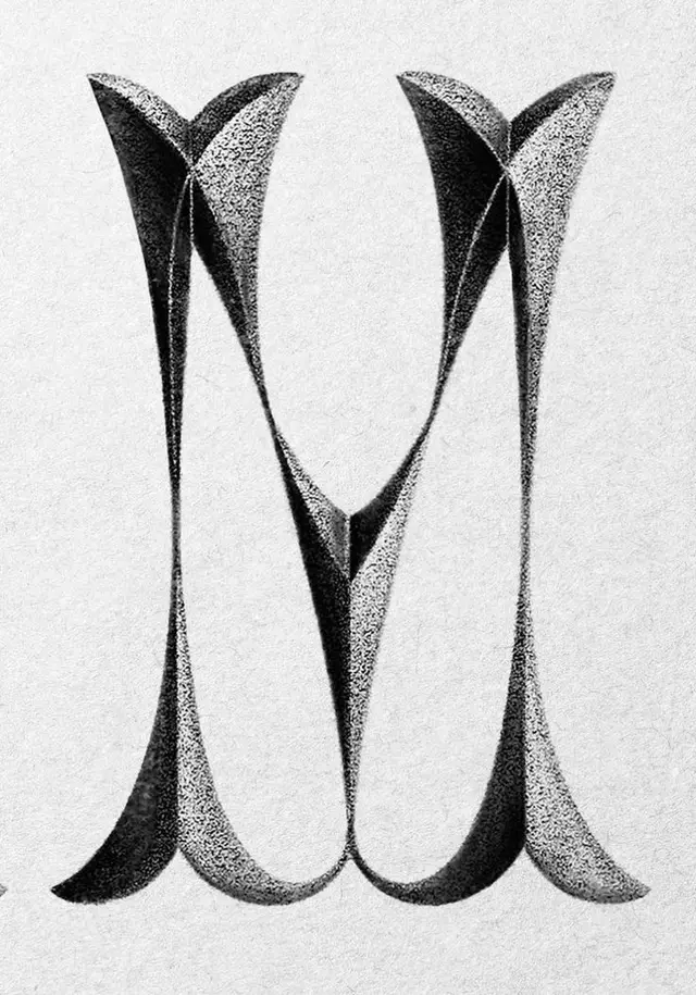 Stippled capital 'M' — ornamental serif letterform (pen-and-ink)