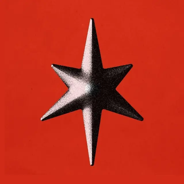 Stippled Six-Point Metallic Star on Scarlet Background