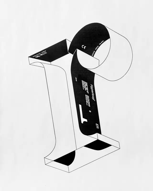 Isometric ribbon letterform with 'Hyperloop' label — black & white typographic poster