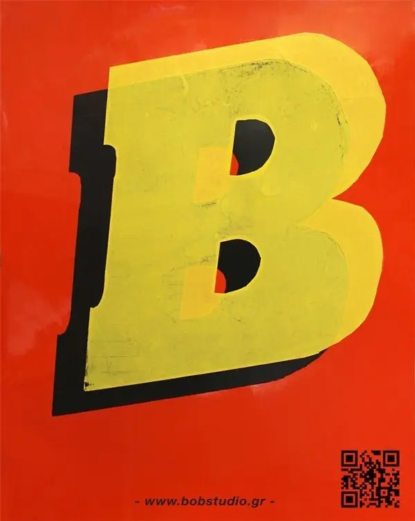 Bold yellow letter B poster with QR code and www.bobstudio.gr