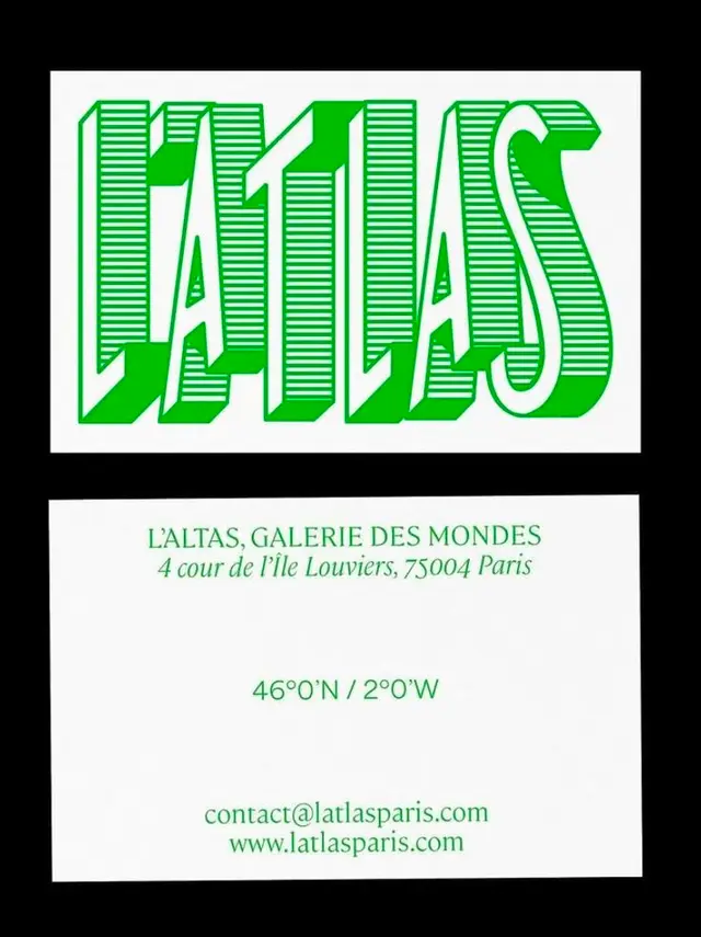 L'ATLAS — Galerie des Mondes promotional card with green 3D logo