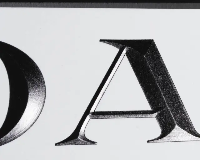 Macro close-up of embossed black serif capital A on white paper