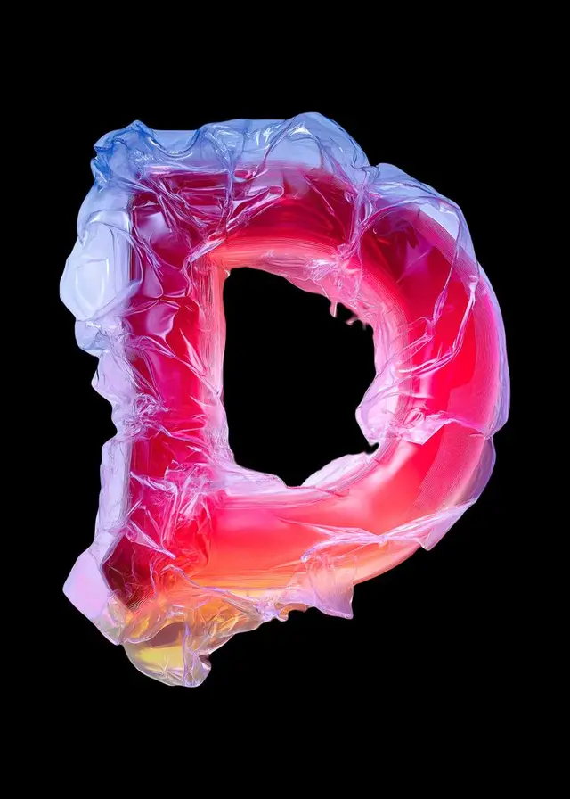 Translucent 3D Letter P — Iridescent Resin Typography on Black