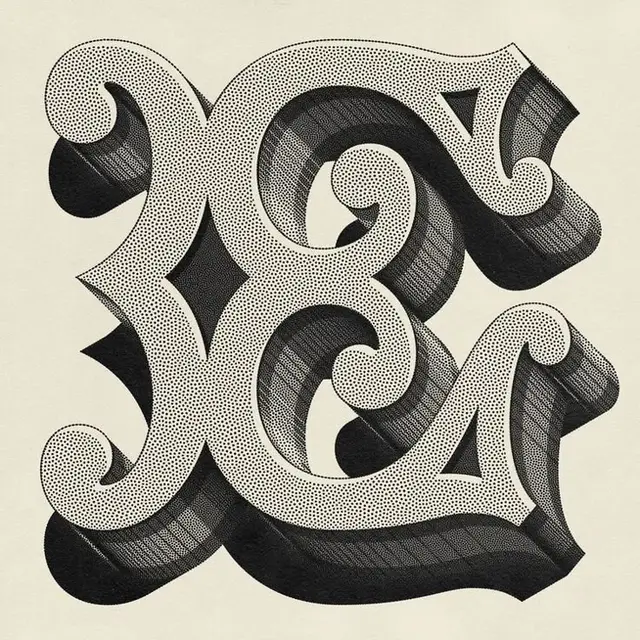Ornamental capital letter E — pen-and-ink 3D stippled illustration