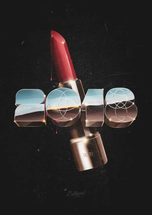 Metallic '2018' 3D typography with red lipstick