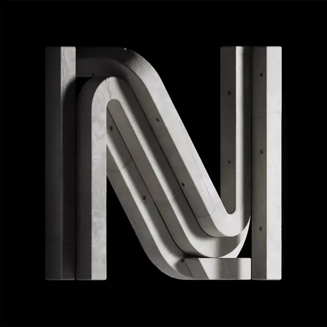 Brutalist concrete letter 'N' — photorealistic 3D sculpture