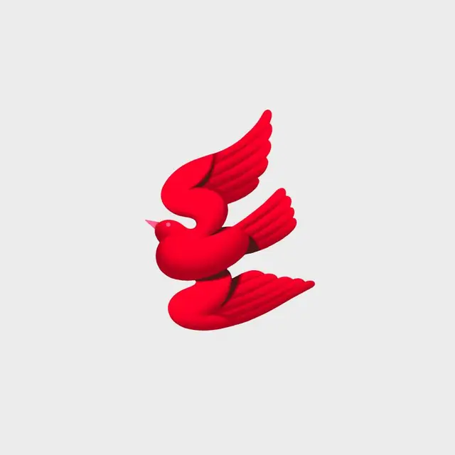 Minimal Red 3D Bird — Layered Wing and Tail Illustration