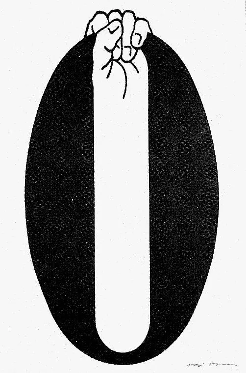 Black ink print — hand gripping oval with central negative-space bar