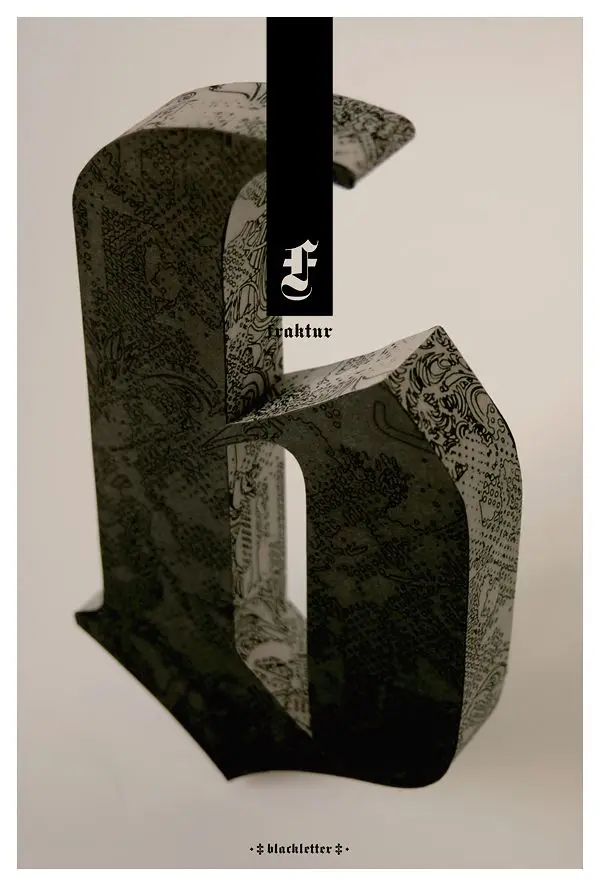 3D Fraktur blackletter sculpture with ornamental engraving