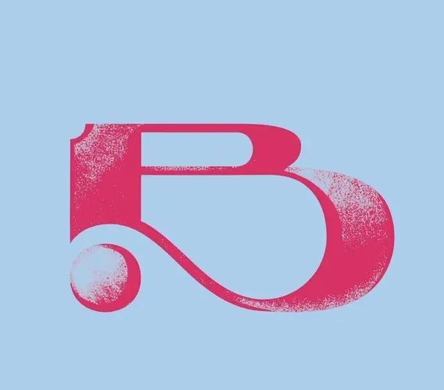 Pink halftone 'B' monogram on baby-blue background