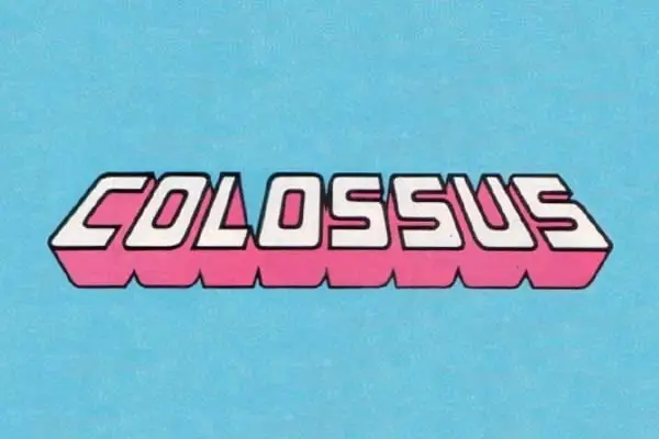 COLOSSUS — Retro 3D Block Typography on Sky Blue Background