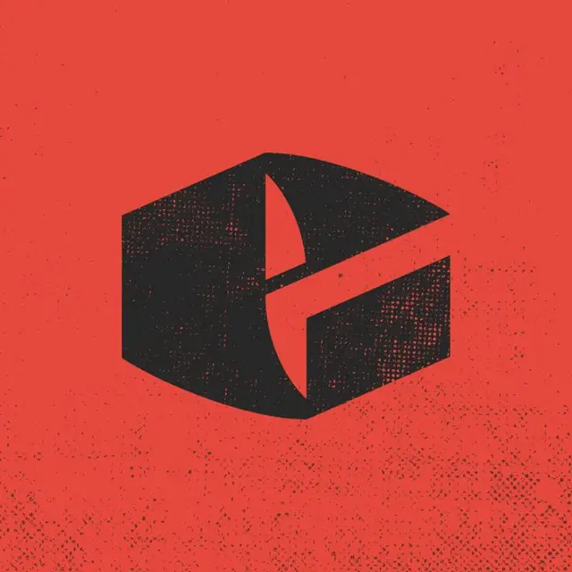 Distressed black hexagonal block logo on red background