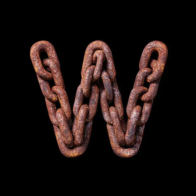 Rusted chain letter W — industrial typographic study
