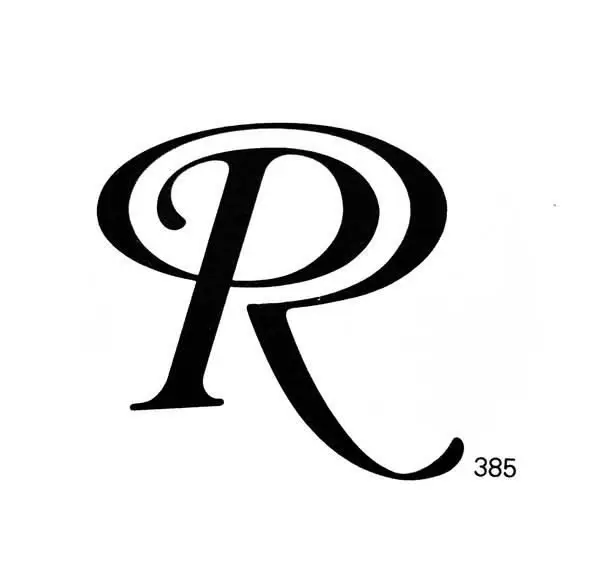 Decorative serif monogram 'R' with numeral 385
