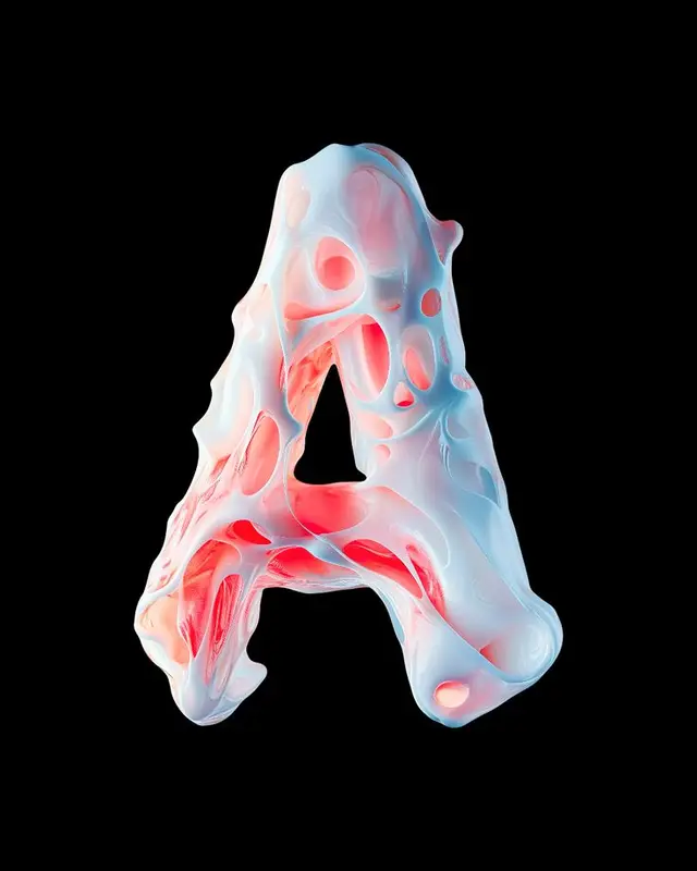 Porous 3D Letter A — Translucent Bioplastic Typography with Pink Inner Glow