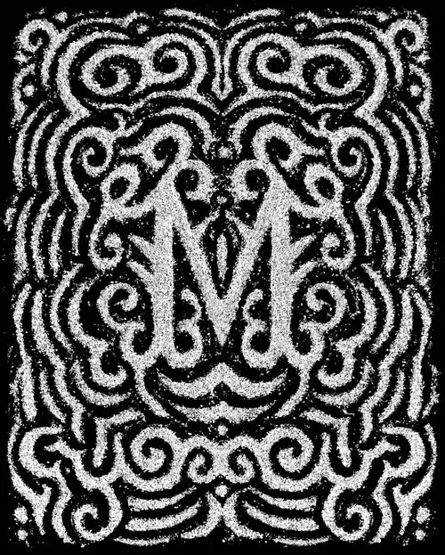 Ornate monogram 'M' in white granular texture on black background