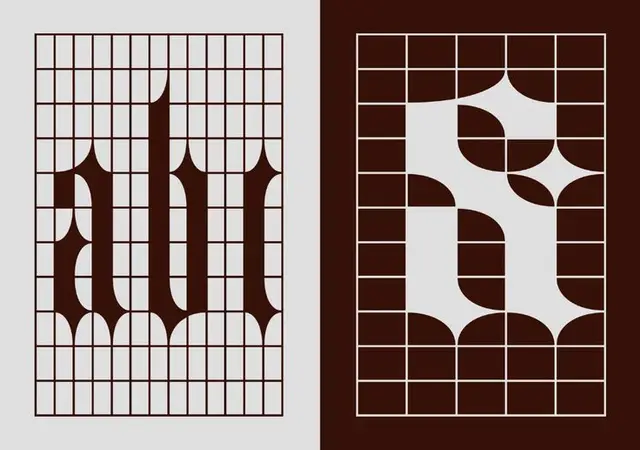 Modular grid poster with blackletter-inspired negative-space typography