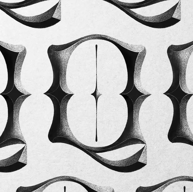 Stippled ornamental 'Q' repeating pattern on textured paper