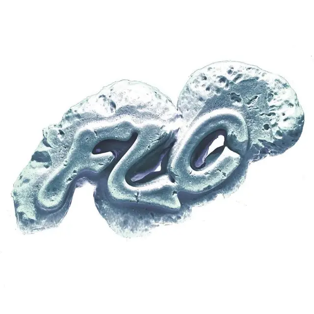 Mint‑green sculptural 3D lettering ('FLO') on porous foam