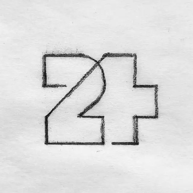 Pencil sketch of combined "2+" numeral mark
