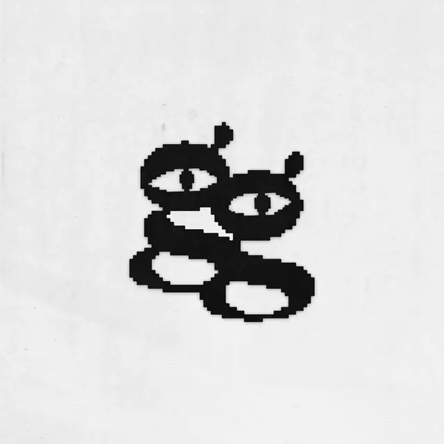 Black pixelated eye-and-oval emblem on white paper