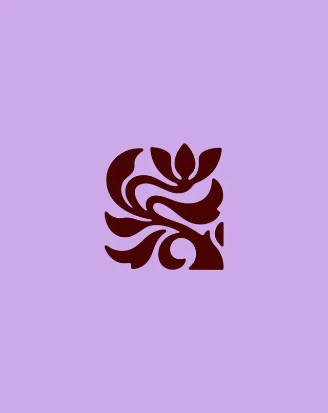 Burgundy floral ornament emblem on lavender background