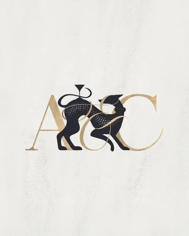 Gold serif monogram 'A' and 'C' with stylized black animal